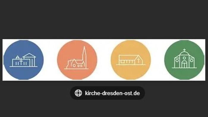 Logo mit vier Kirchen-Symbolen und dem Website-Link „kirche-dresden-ost.de“ darunter.