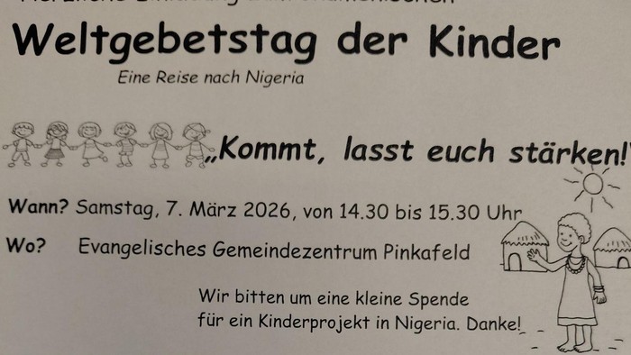 Einladung zum ökumenischen Kindergebetstag mit Ausflug nach Nigeria – Busdetails und Anmeldehinweise.