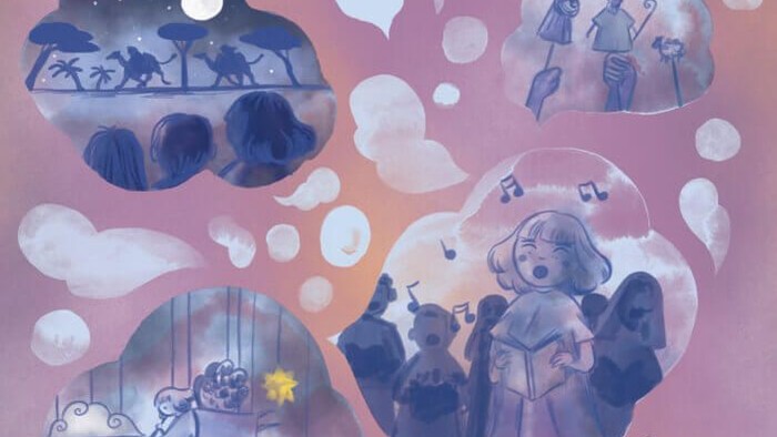 Billedet viser en mørkere skikkelse med hår og en lille pige med gule sko, omgivet af fantasifulde boblebilleder.