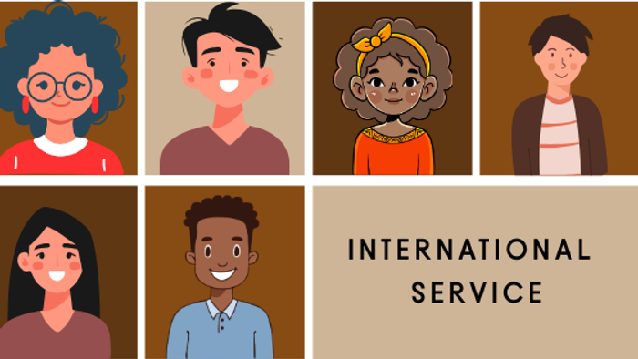 8 ansigter og teksten International Service