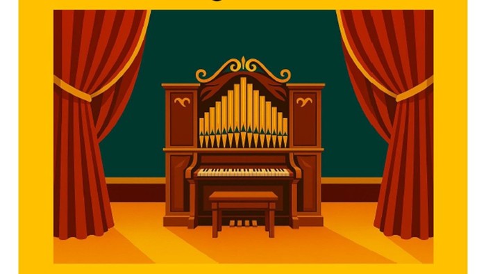 Eine prunkvolle Orgel, die auf einer Bühne mit üppigen roten Samtvorhängen steht.