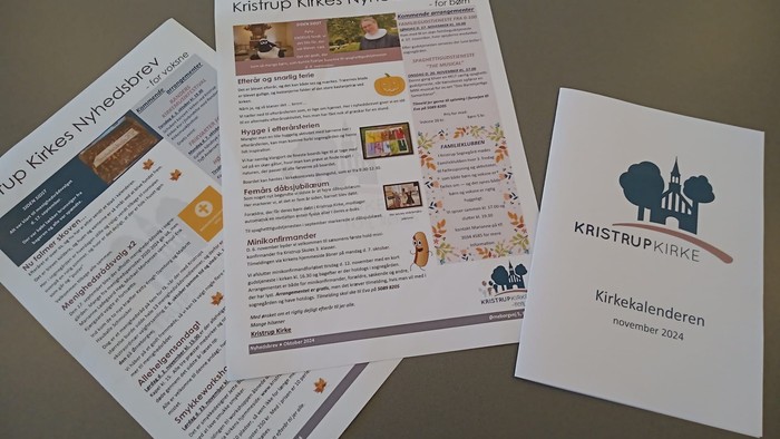 Kirkeblad og kalender for Kristrup Kirke i november 2024 med begivenhedsdetaljer og illustrationer.