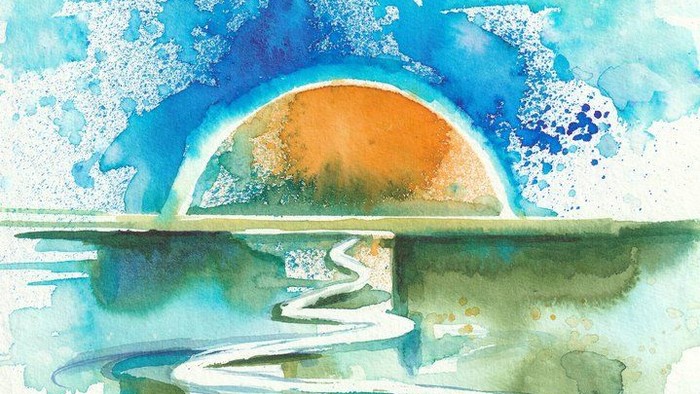 Eine ruhige Aquarellmalerei eines sich schlängelnden Flusses, der einen Sonnenuntergang mit einem lebendigen Lichtbogen widerspiegelt.