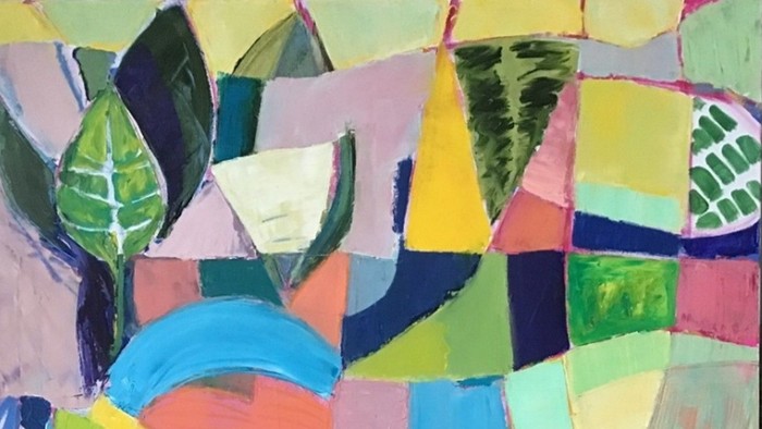 Levende abstrakt maleri med dristige geometriske former og klare, kontrasterende farver.