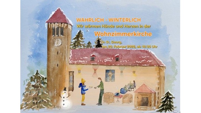Winterplakat mit einer gemütlichen Kirchenveranstaltung vor verschneiter Landschaft und festlichen Dekorationen.