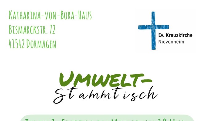 Einladung zu einem Umwelttreffen im Katharina-von-Bora-Haus am ersten Freitag jedes Monats um 18:00 Uhr.