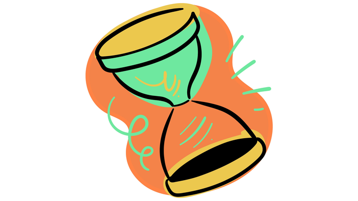 Eine stilisierte, farbenfrohe Illustration einer umgedrehten Sanduhr mit verspielten Linien, die humorvoll den Ablauf von Zeit darstellt.