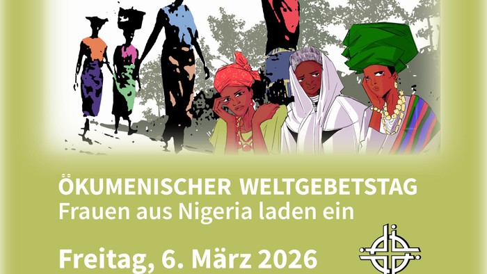 Plakat lädt zum Ökumenischen Weltgebetstag im März 2026 ein, mit Beiträgen nigerianischer Frauen und einem Fokus auf Empowerment.