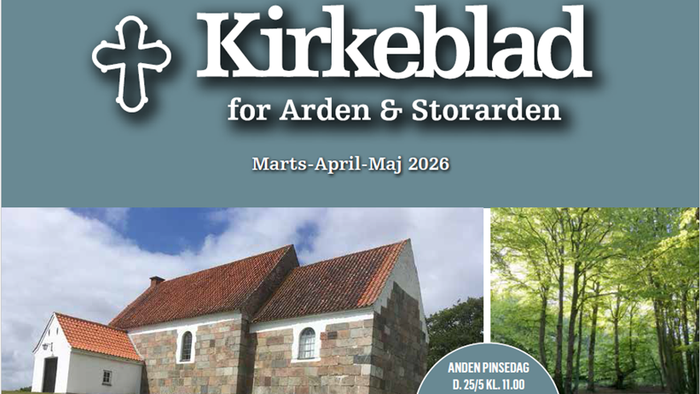 Kirkeblad forside til Arden & Storarden med en idyllisk stenkirke og naturscene, marts-maj 2026.