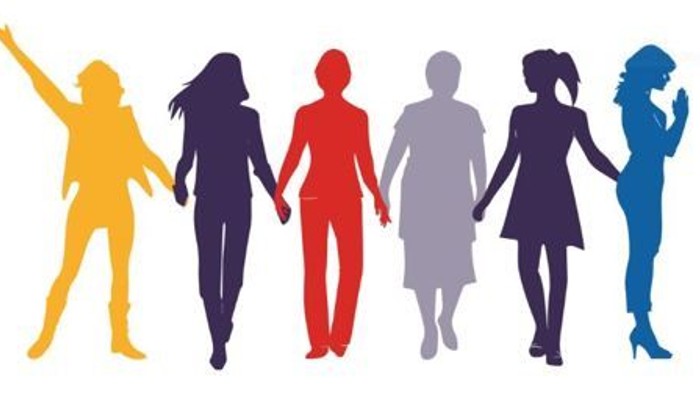 Fünf farbige Silhouetten von Menschen in einer Reihe, die Hände haltend