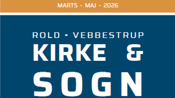 Kunngørelsesbanner for Rold-Vebbestrup Kirke og Sogns arrangementer fra marts til maj 2026.