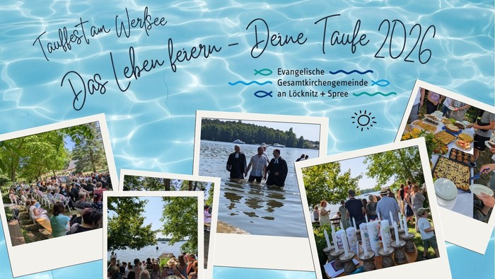 Festliches Taufposter mit Wasserszenen, Zusammenkünften und den Veranstaltungsdetails für 2026.