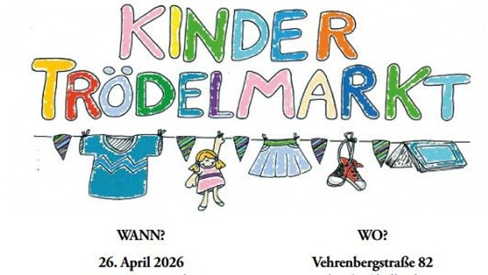 Ein buntes Plakat, das für einen Kinder-Trödelmarkt mit Kleidung, Spielzeug und Babyartikeln zum Verkauf wirbt.