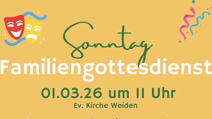 Familien-Gottesdienst-Plakat mit Aufruf zum Maskentragen – mit verspielten, bunten Illustrationen und einer Kirchenabbildung.