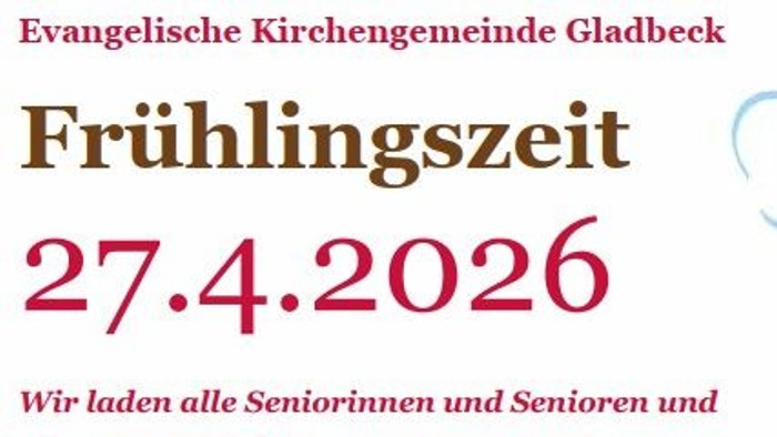 Einladungsplakat für ein Frühlings-Seniorentreffen in der Christuskirche am 27. April 2026 mit bunten Blumen und einem Häschen.