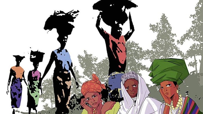 Bunte, stilisierte Illustration verschiedener Menschen, die Lasten tragen und sich im Freien bei alltäglichen Aktivitäten betätigen.