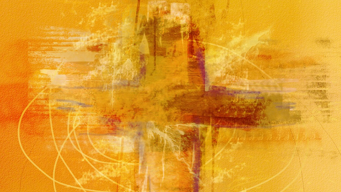 Abstraktes Kreuz-Gemälde mit lebendigen, vermischten warmen Tönen und expressivem Pinselstrich.