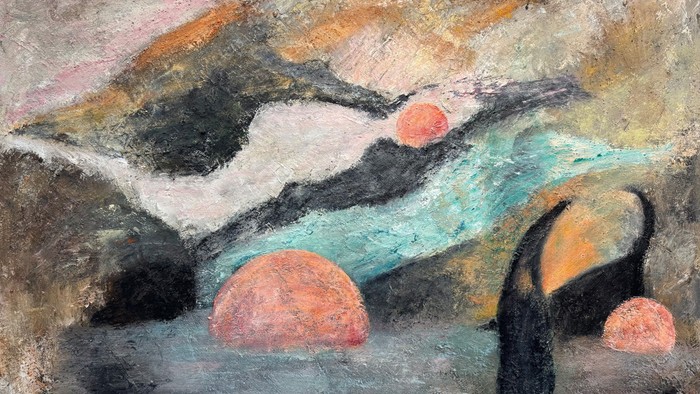 Abstrakt maleri med hvirvlende skyer og glødende orange måner over et stemningsfuldt, tekstureret landskab.