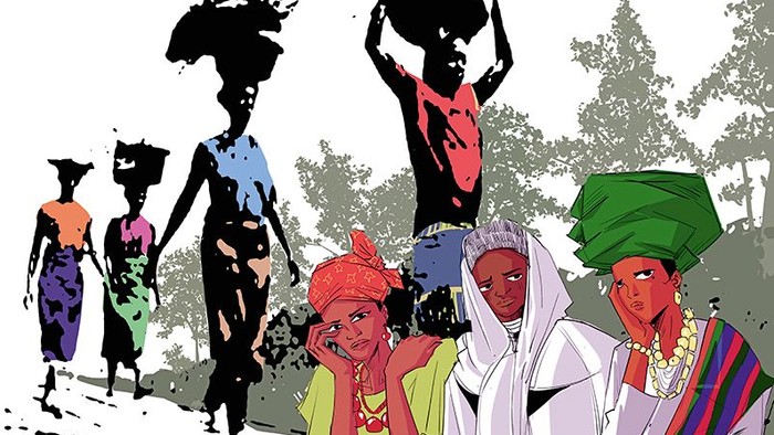 Gezeichnet und gemalt, im Vordergrund bunt gekleidete Frauen aus Nigeria, im Hintergrund mit viel schwarz Frauen, die Körbe auf ihren Köpfen tragen