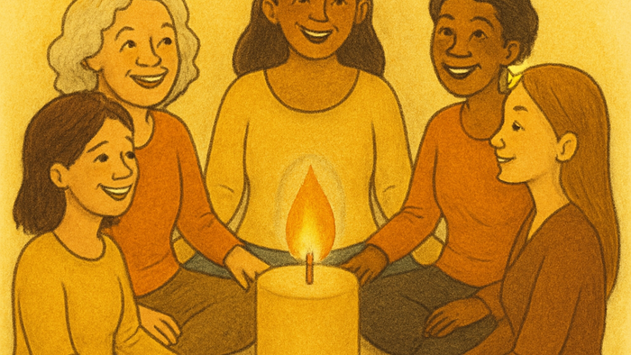 Fünf Frauen verschiedenen Alters und verschiedener Herkunft sitzen im Kreis um eine brennende Kerze