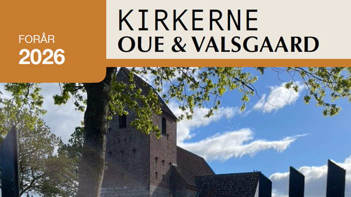 En 2026-kalenderomslag med de historiske kirker Oue og Valsgaard i et naturskønt og roligt landskab.