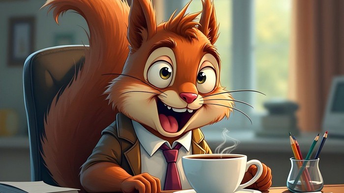 Animeret egern med slips og jakkesæt siddende ved skrivebord med stor kop te foran sig.
