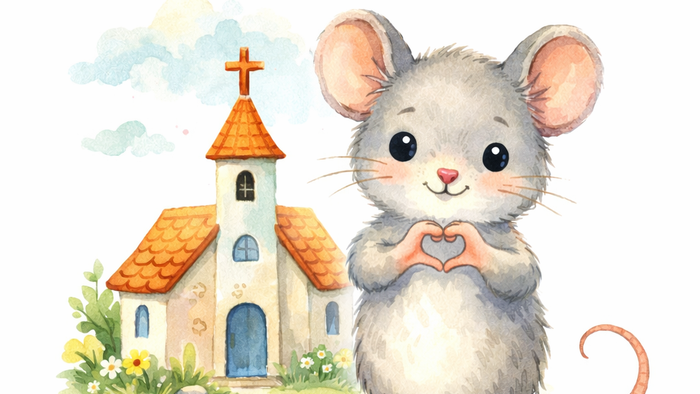 Niedliche Cartoon-Maus namens Kirchenmaus, die mit einer herzförmigen Pose vor einer Kirche steht.