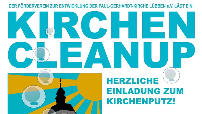 Plakat zur Einladung zur Gemeinschaftskirchen-Aufräumaktion mit Materialien und Erfrischungen am 28. März 2026 um 9:30 Uhr.