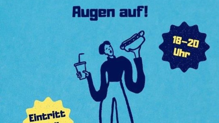 Gezeichneter Jugendlicher mit Hot Dog und Getränk.