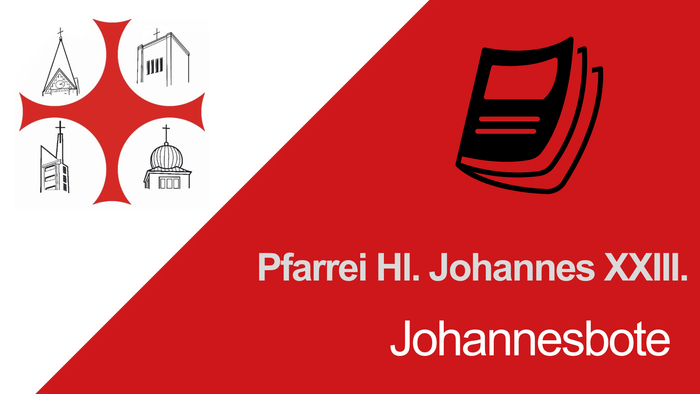 Logo für die Pfarrei Hl. Johannes XXIII. mit Kirchensymbolen und einem Buch-Icon, beschriftet mit „Johannesbote“ in Rot und Weiß.