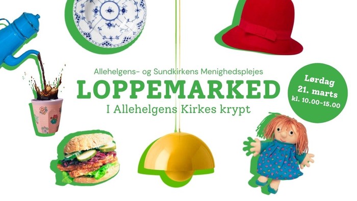 Loppemarkedsannonce for Allehelgens Kirkes krypt med vintage-genstande og lørdagsarrangement den 21. marts.