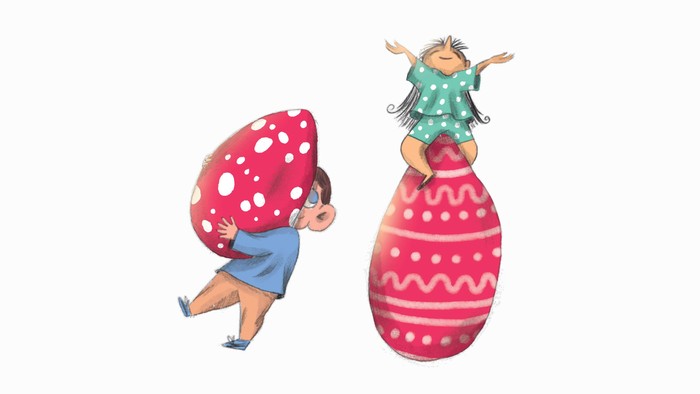 En fantasiful pige rider på en kæmpe prikket champignon, mens en anden svæver glædestrålende på et stribet æg.