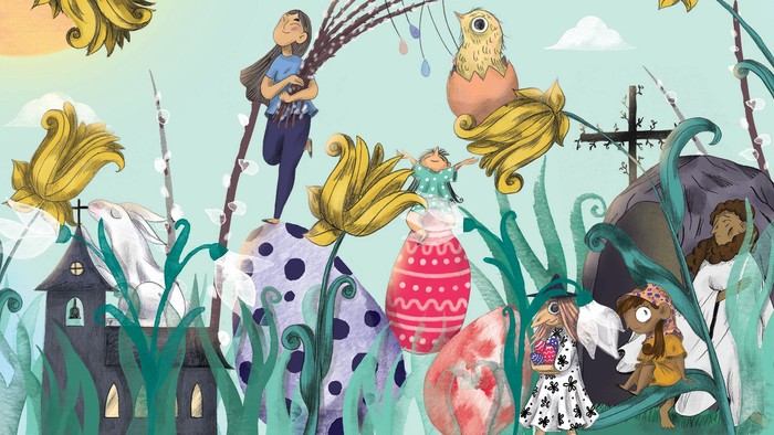 Lunefuldt undervandsscene med talende dyr og farverige påske-temafigurer i en fantastisk setting.