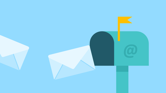 Drei weiße Umschläge fliegen auf eine blaue Briefkasten-App zu