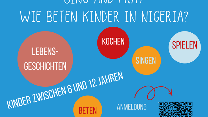 Plakat für eine Kindergebetsversammlung 2026 in Nigeria, das Kinder im Alter von 6–12 Jahren zum Singen, Beten, Kochen und Spielen einlädt.