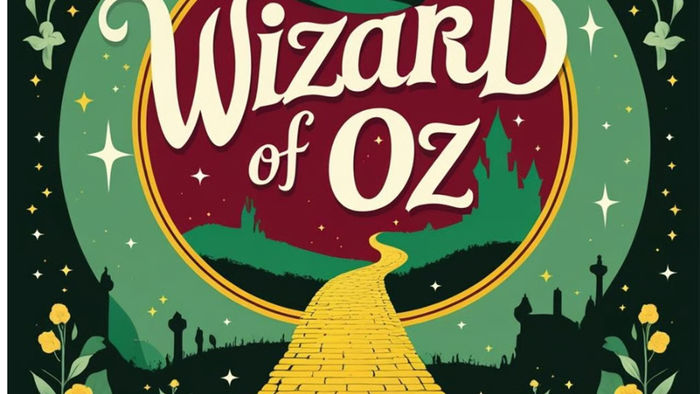Illustrated cover featuring the Wizard of Oz with a yellow brick road and a starry night sky.