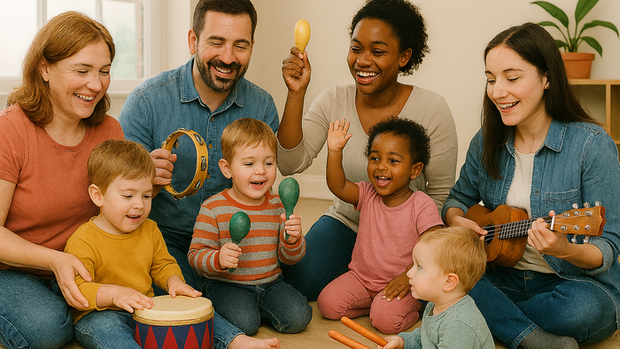Eine fröhliche Familie spielt gemeinsam Musikinstrumente in einer gemütlichen Wohnatmosphäre.