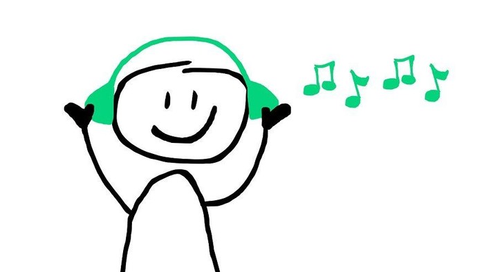 Ein fröhliches Kind mit Kopfhörern, das glücklich singt, umgeben von Musiknoten.