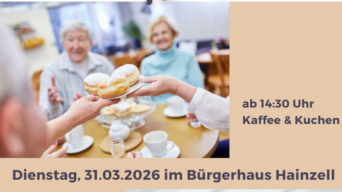 Herzliche Einladung zum Seniorennachmittag am Dienstag, den 31.03.2026, in Hainzell. Ab 14:30 Uhr gibt es Kaffee und Kuchen. Die Veranstaltung findet im Bürgerhaus Hainzell statt. Das Highlight ist ein meditativer Impuls. Das Seniorenteam freut sich auf E