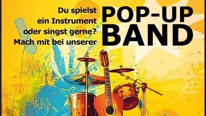 „Pop-up-Band-Workshop und Gemeinschaftsfestival – Ankündigung mit Gitarren- und Mikrofon-Grafik.“