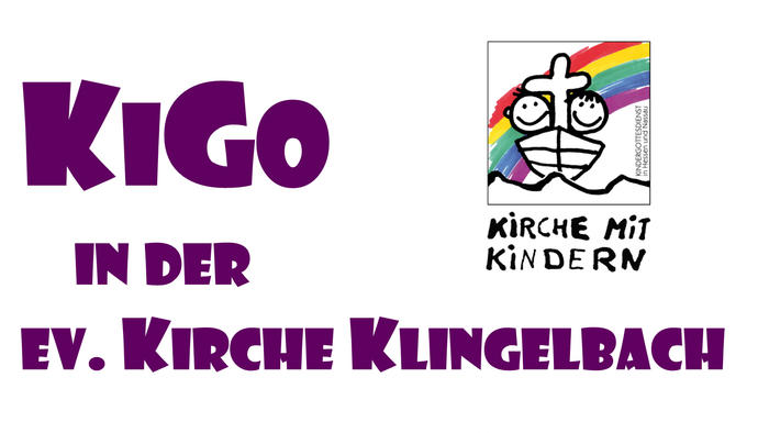 Logo für KiGo, ein Kindergruppenprogramm der Evangelischen Kirche Klingelbach, mit einem bunten Regenbogen und einem Kirchensymbol.