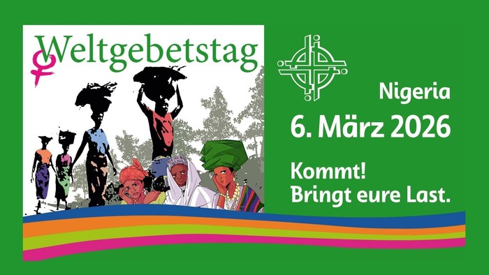 Banner zum Weltgebetstag 2026 mit Frauen aus Nigeria, die Lasten auf ihren Köpfen tragen