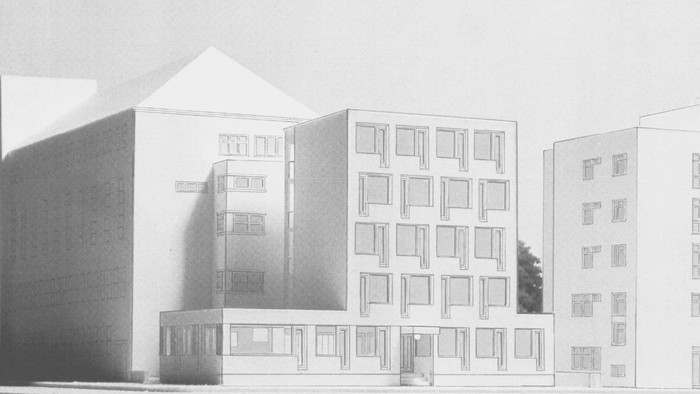 Entwurfsszeichnung mit einer Fassadenansicht der geplanten Tee- und Wärmestube Plus