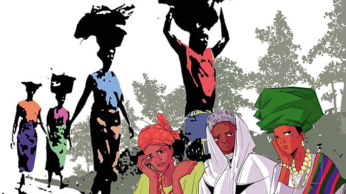Illustration mit mehreren stilisierten Personen in farbiger Kleidung; einige gehen mit Lasten auf dem Kopf, andere sitzen oder stehen im Vordergrund, vor einer angedeuteten Landschaft mit Bäumen.