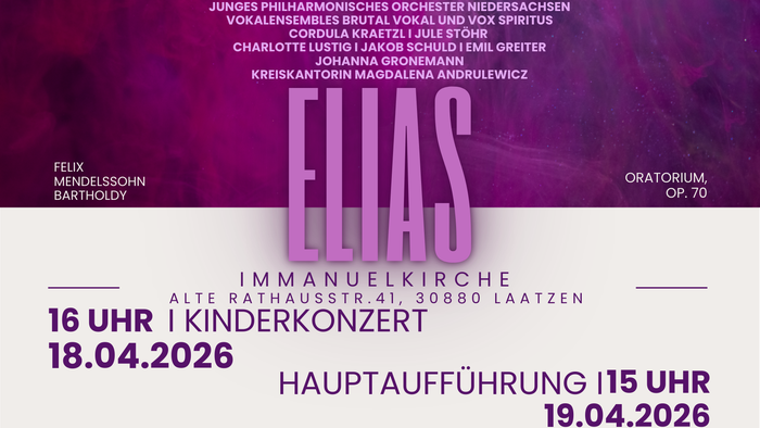 Werbeplakat für die Aufführungen von Felix Mendelssohn Bartholdys Oratorium „Elias“ mit Kinderkonzert und Hauptaufführungsterminen.