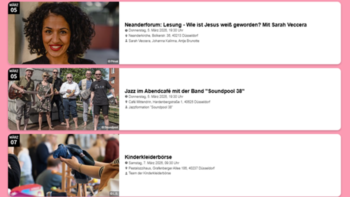 Ein Veranstaltungsprogramm mit kulturellen Events: eine Lesung, ein Live-Auftritt einer Band und ein Kinderchor-Konzert.