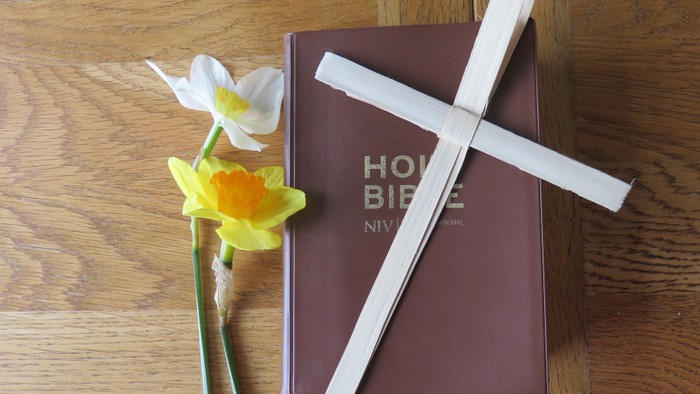 Photo showing two daffodils, a bible and a palm cross
