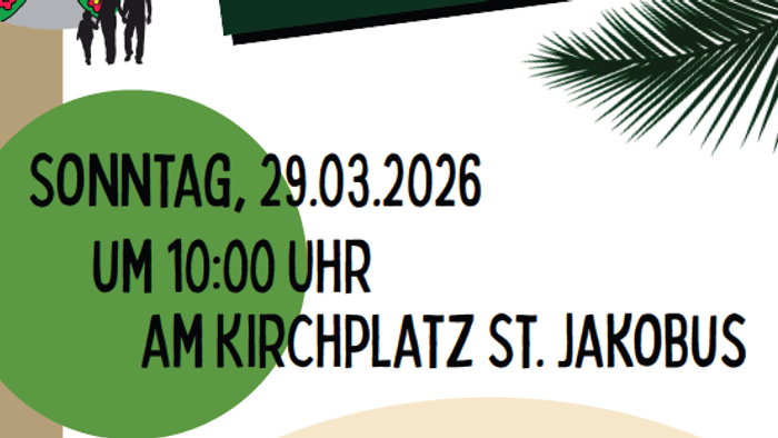 Kirchengottesdienstankündigung für Palmsonntag am 29. März 2026 mit Prozession und Erfrischungen.