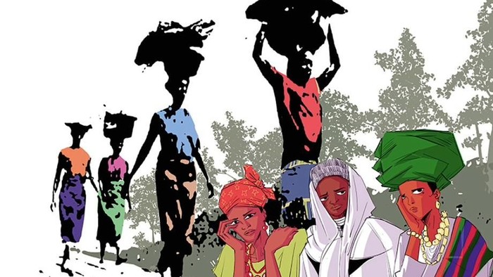 Ein Gemälde mit verfremdet, aber fotorealistischen afrikanischen Frauen im Hintergrund und drei comicartig dargestellten Frauen in Landestracht im Vordergrund