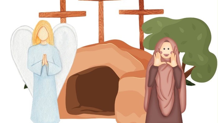 Das Plakat lädt Kinder im Alter von 6 bis 12 Jahren ein, an einer Probe und Aufführung eines Osterspiels im Gemeindezentrum der Kirche teilzunehmen.